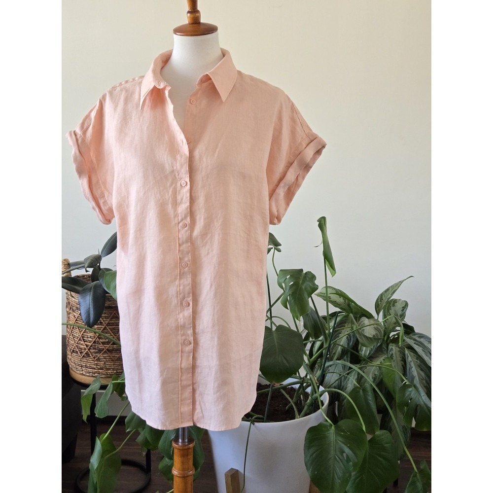 NEW! Lauren Ralph Lauren Pale Pink Heavy Linen Button Long Sleeve Top Women's XL